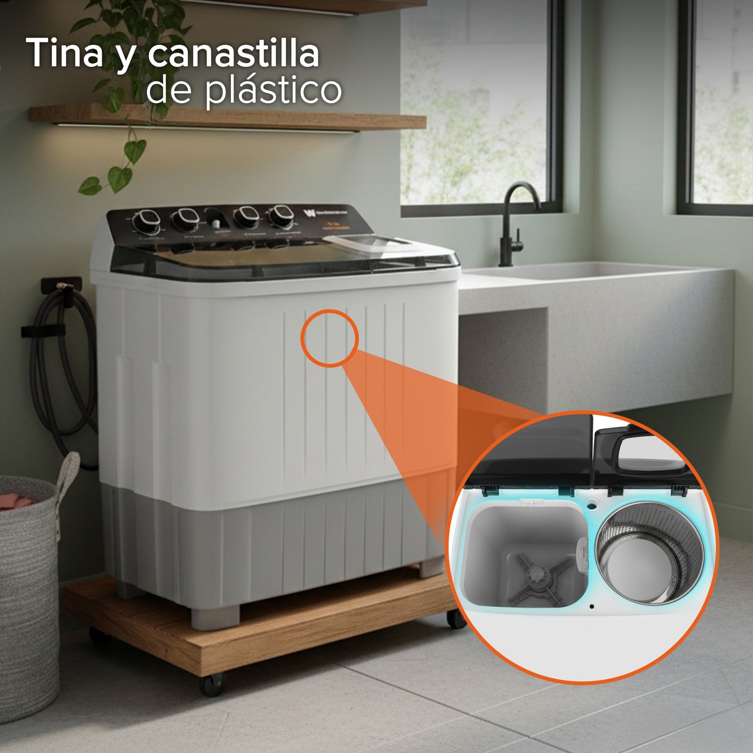 White Westinghouse Lavadora Doble Tina 15 kg WWXCTT251006QBK Gabinete en polipropileno 4 niveles de agua 4 perillas de control Bajo consumo de energía Ahorro de agua