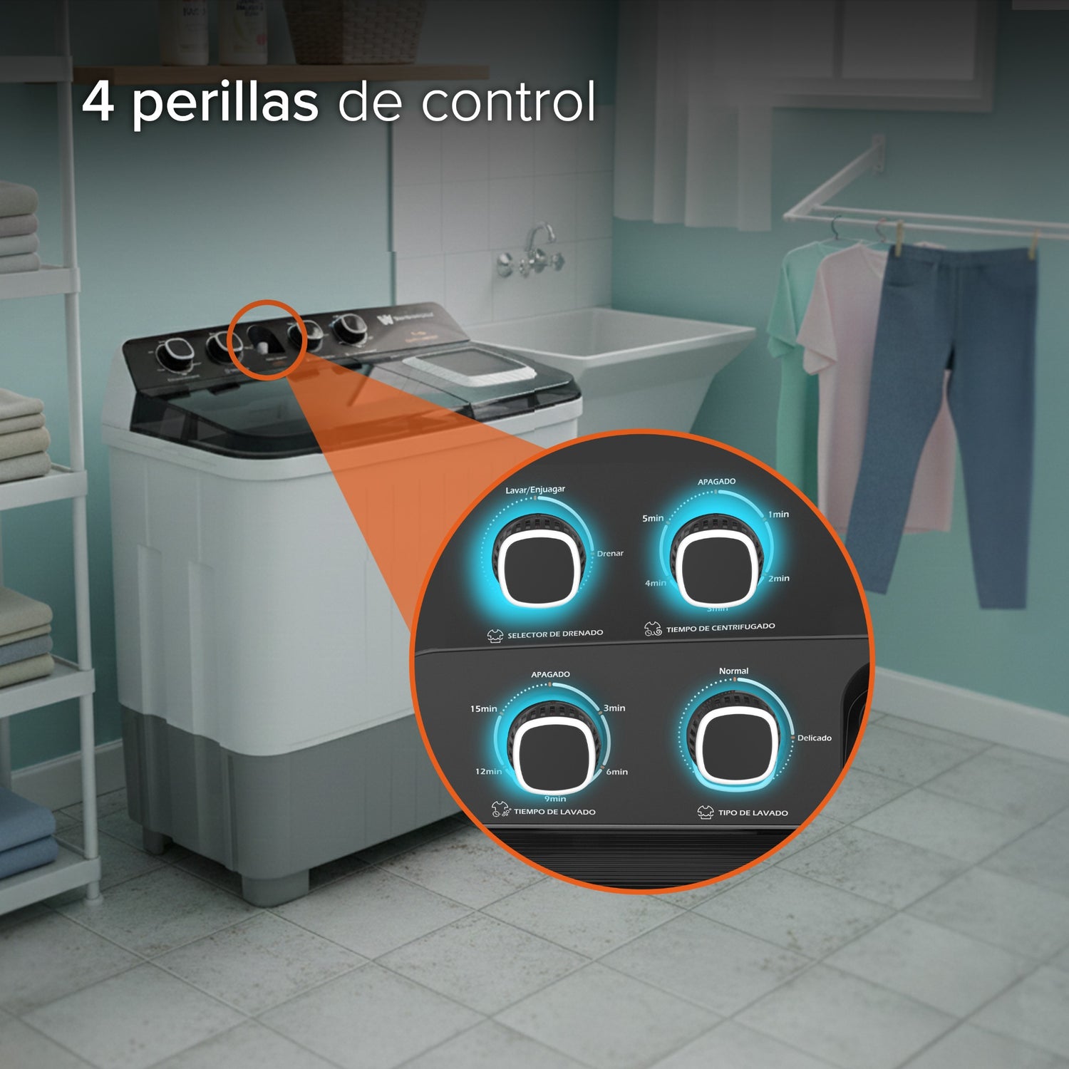 White Westinghouse Lavadora Doble Tina 15 kg WWXCTT251006QBK Gabinete en polipropileno 4 niveles de agua 4 perillas de control Bajo consumo de energía Ahorro de agua