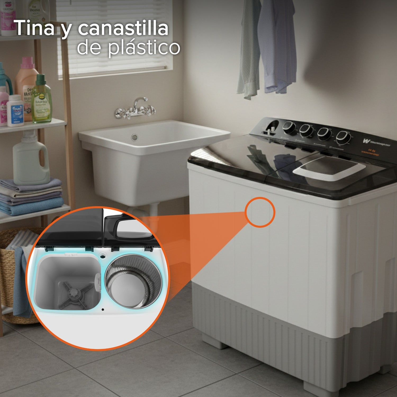 White Westinghouse Lavadora doble tina 19 kg WWXCTT301408QBK Gabinete en polipropileno 4 niveles de agua 4 perillas de control Bajo consumo de energía Ahorro de agua
