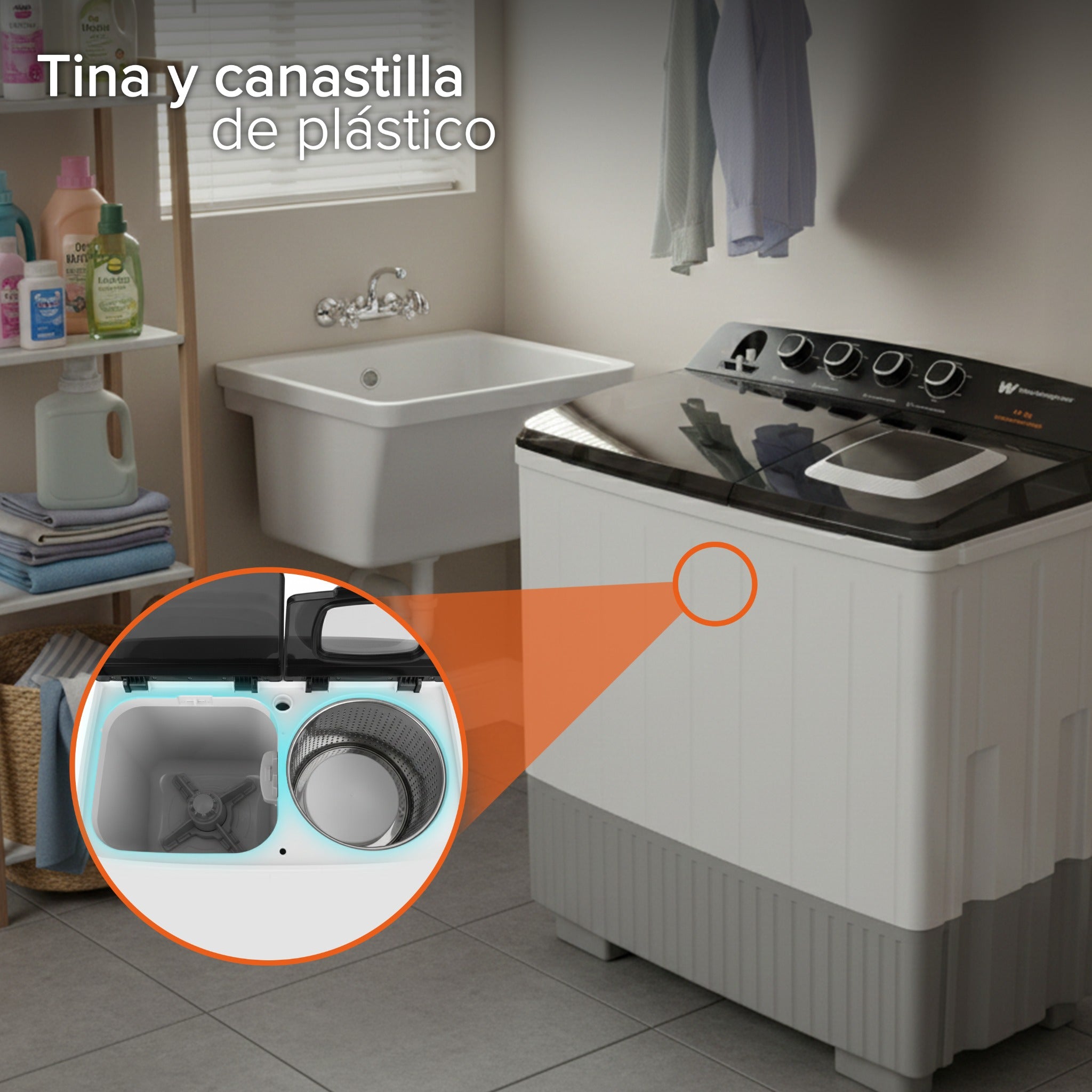 White Westinghouse Lavadora doble tina 19 kg WWXCTT301408QBK Gabinete en polipropileno 4 niveles de agua 4 perillas de control Bajo consumo de energía Ahorro de agua