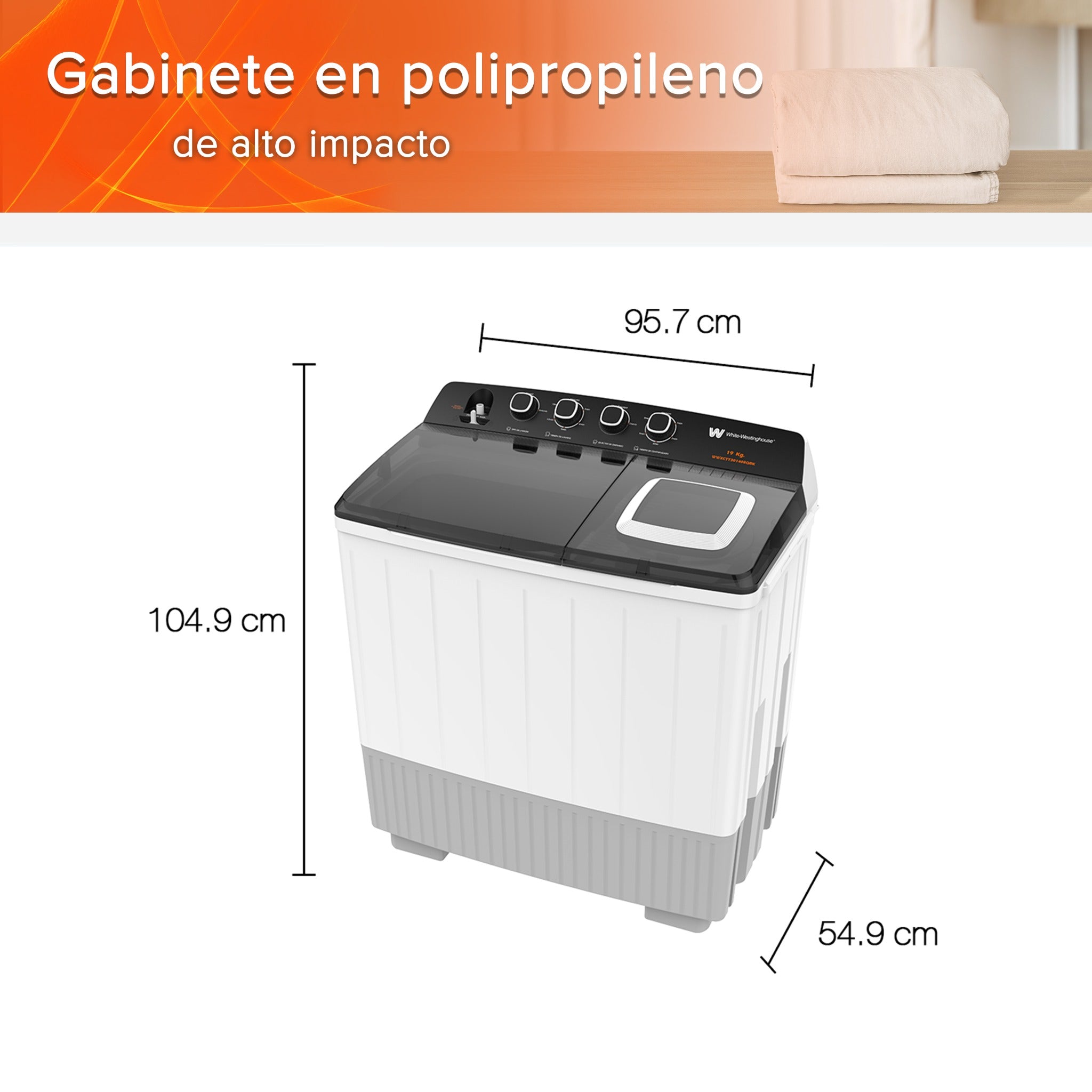 White Westinghouse Lavadora doble tina 19 kg WWXCTT301408QBK Gabinete en polipropileno 4 niveles de agua 4 perillas de control Bajo consumo de energía Ahorro de agua