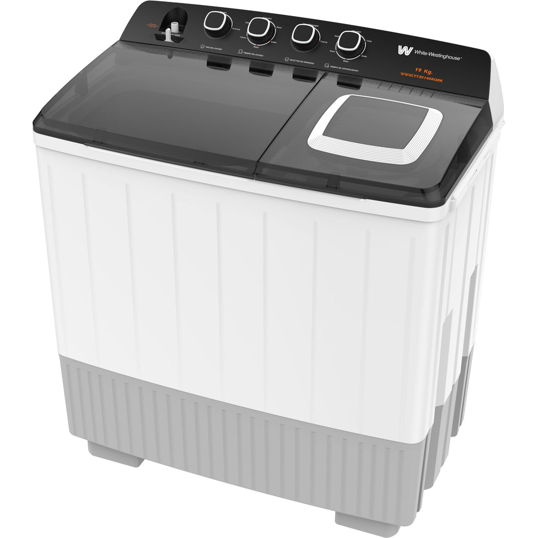 White Westinghouse Lavadora doble tina 19 kg WWXCTT301408QBK Gabinete en polipropileno 4 niveles de agua 4 perillas de control Bajo consumo de energía Ahorro de agua