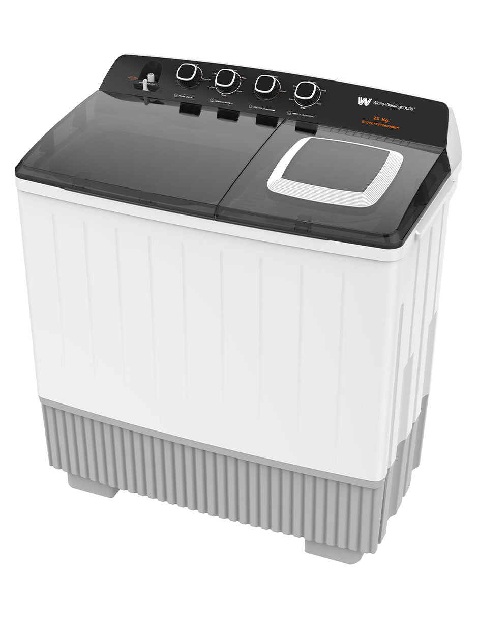 White Westinghouse Lavadora doble tina 25 kg WWXCTT332009QBK Gabinete polipropileno alto impacto 4 niveles de agua 4 perillas de control Bajo consumo de energía Ahorro de agua