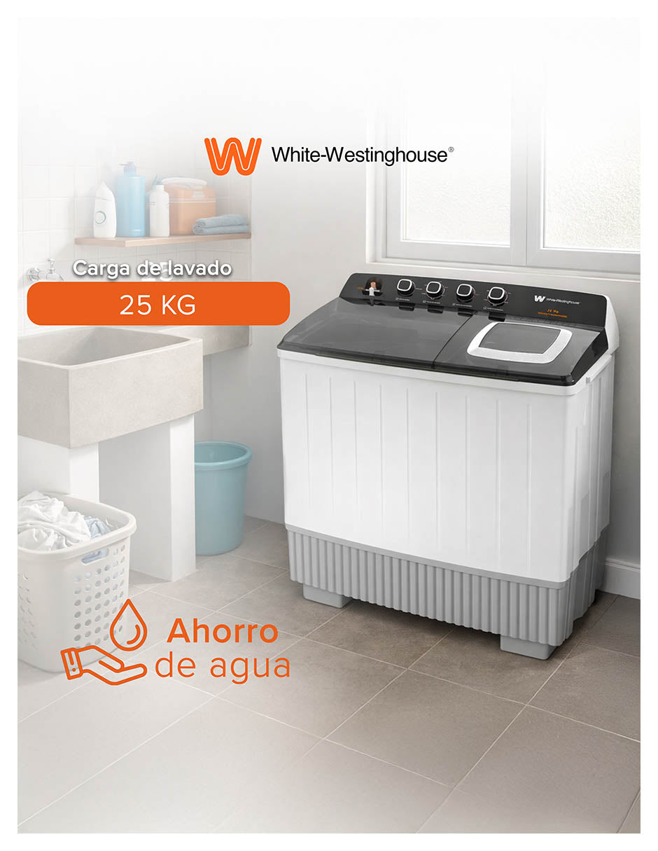 White Westinghouse Lavadora doble tina 25 kg WWXCTT332009QBK Gabinete polipropileno alto impacto 4 niveles de agua 4 perillas de control Bajo consumo de energía Ahorro de agua