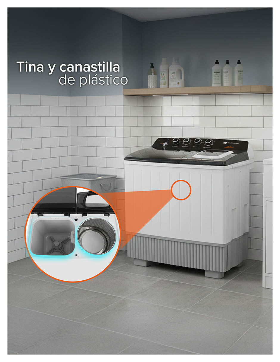 White Westinghouse Lavadora doble tina 25 kg WWXCTT332009QBK Gabinete polipropileno alto impacto 4 niveles de agua 4 perillas de control Bajo consumo de energía Ahorro de agua