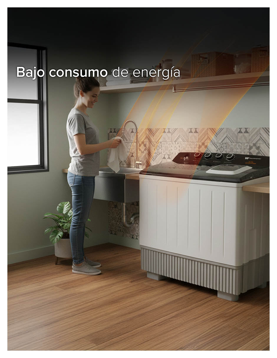 White Westinghouse Lavadora doble tina 25 kg WWXCTT332009QBK Gabinete polipropileno alto impacto 4 niveles de agua 4 perillas de control Bajo consumo de energía Ahorro de agua