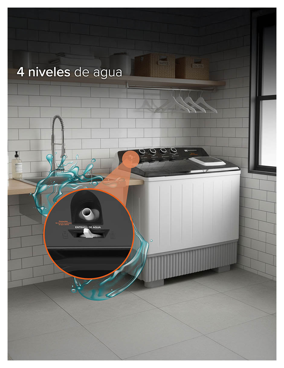 White Westinghouse Lavadora doble tina 25 kg WWXCTT332009QBK Gabinete polipropileno alto impacto 4 niveles de agua 4 perillas de control Bajo consumo de energía Ahorro de agua