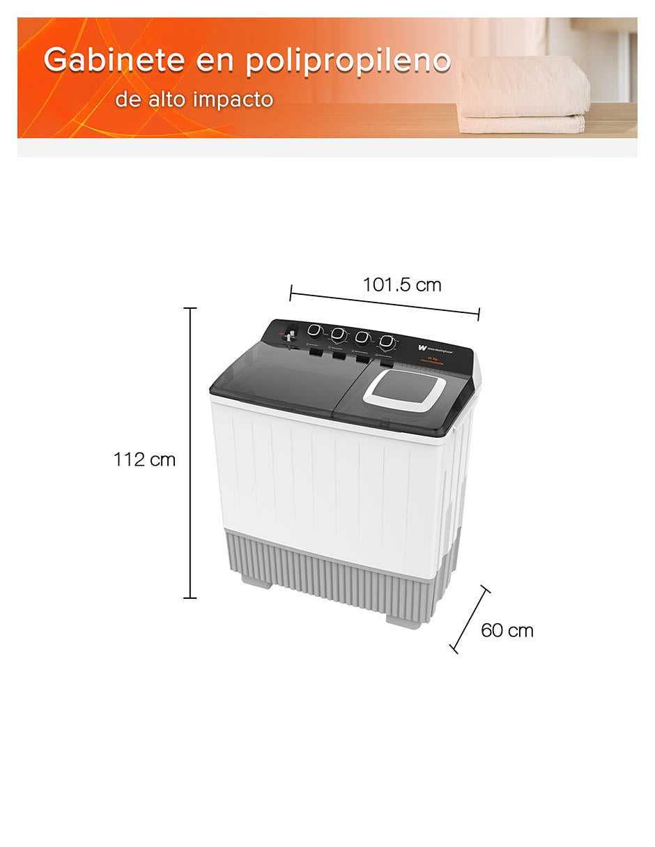 White Westinghouse Lavadora doble tina 25 kg WWXCTT332009QBK Gabinete polipropileno alto impacto 4 niveles de agua 4 perillas de control Bajo consumo de energía Ahorro de agua