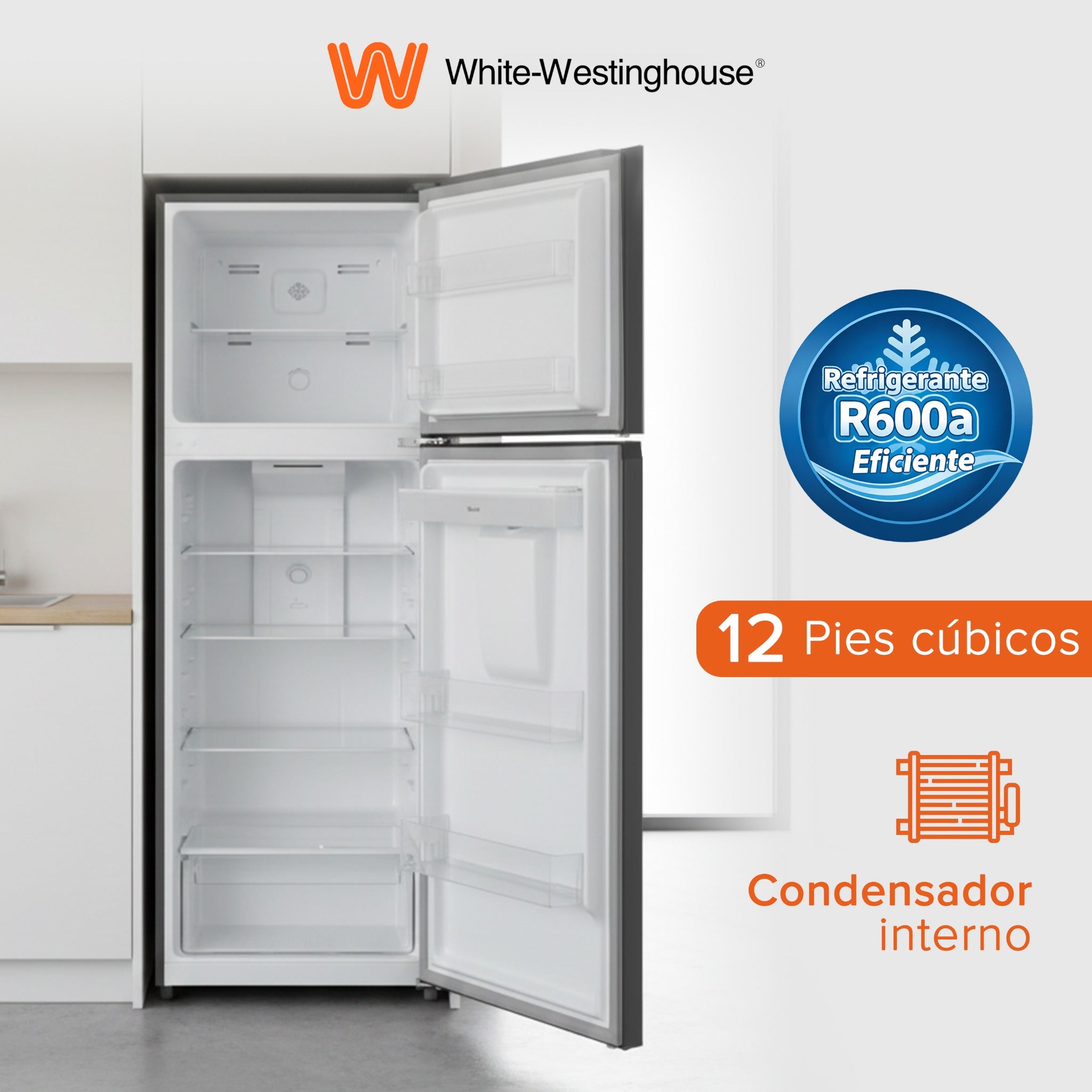 White Westinghouse Refrigerador 12 pies Top Mount 334 L Inverter automático 2 puertas con congelador control mecánico de temperatura despachador de agua puerta reversible luz interior