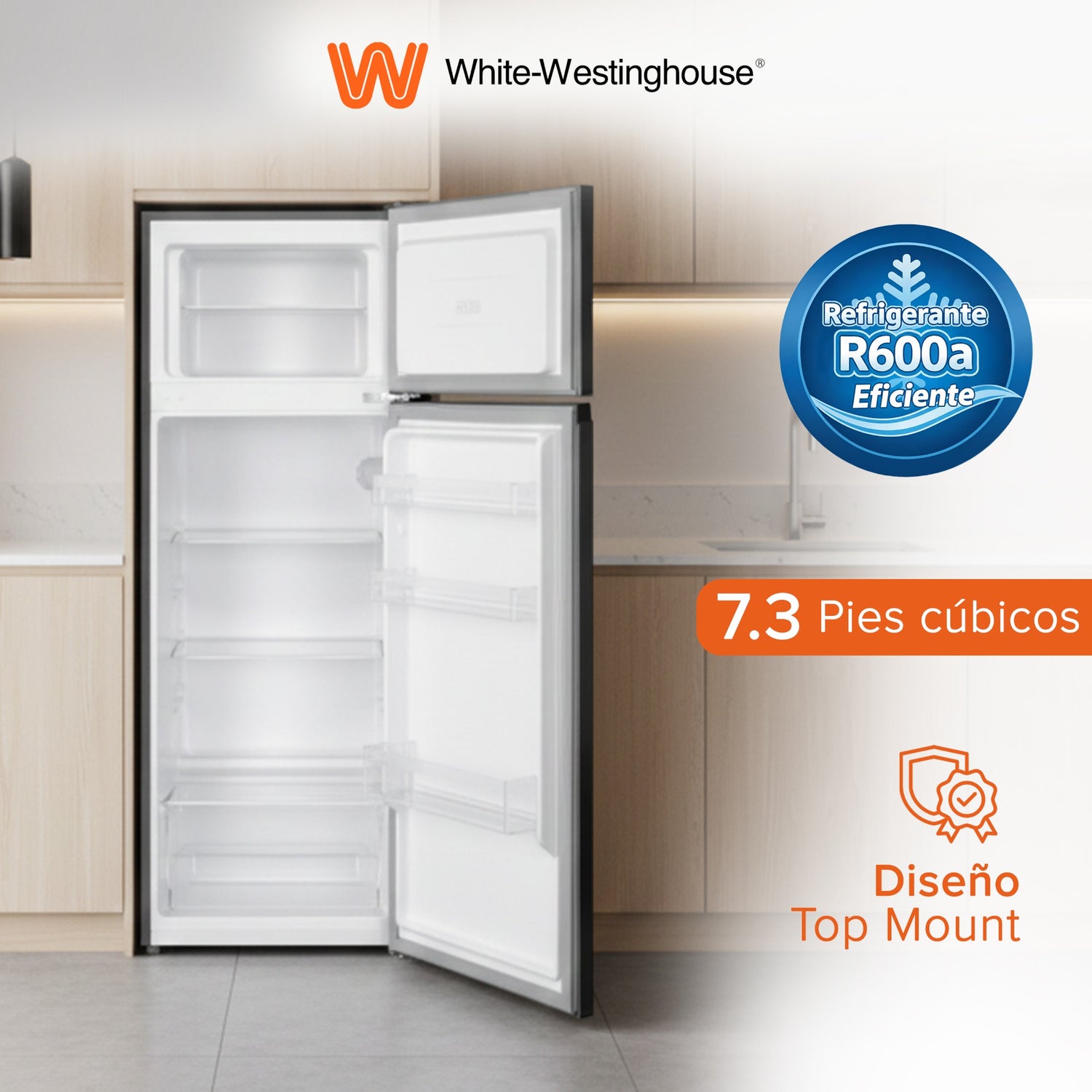 White Westinghouse Refrigerador 7.3 pies Top Mount 206 L 2 puertas control mecánico Defrost Energy Star condensador interno