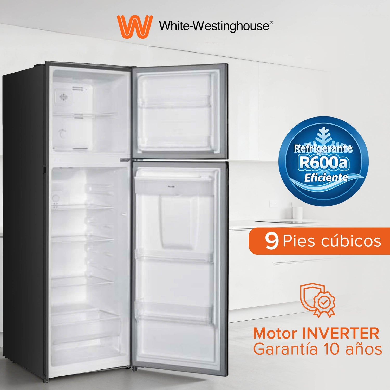 White Westinghouse Refrigerador 9 pies Top Mount 247 L Inverter automático 2 puertas con congelador control mecánico de temperatura despachador de agua puerta reversible luz interior