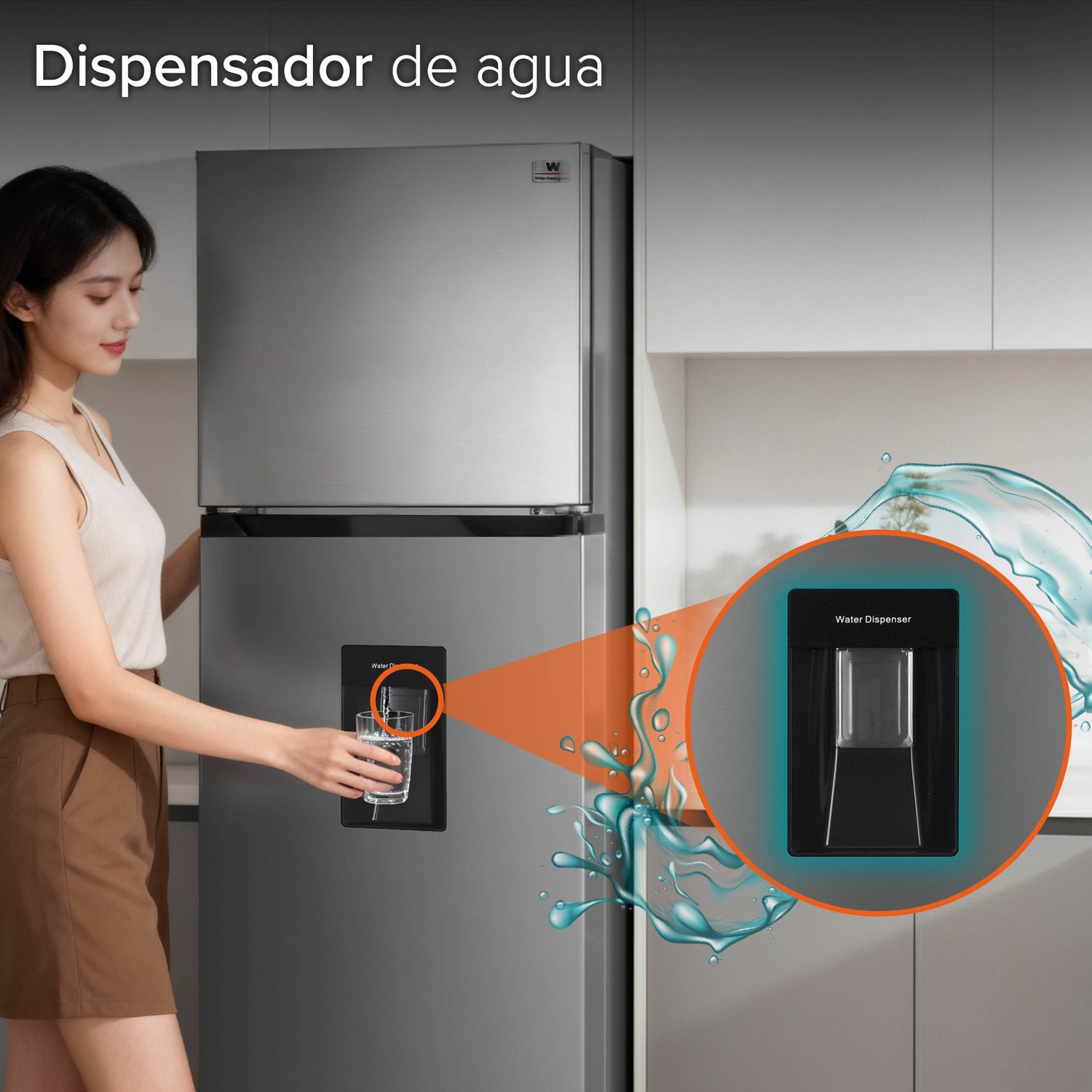 White Westinghouse Refrigerador 9 pies Top Mount 247 L Inverter automático 2 puertas con congelador control mecánico de temperatura despachador de agua puerta reversible luz interior