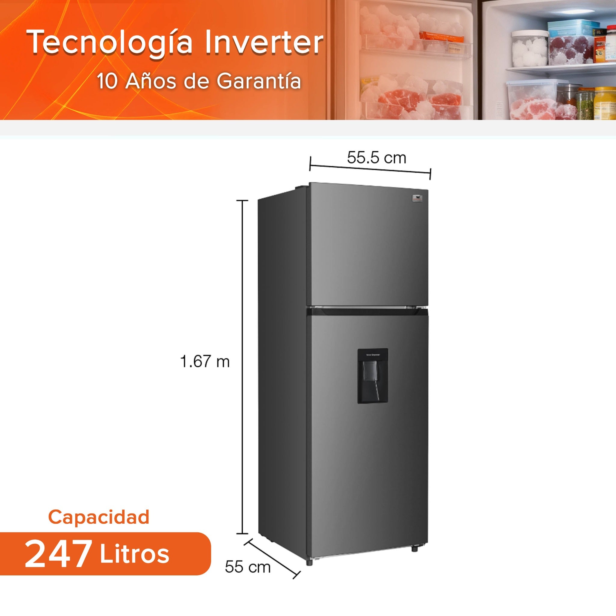 White Westinghouse Refrigerador 9 pies Top Mount 247 L Inverter automático 2 puertas con congelador control mecánico de temperatura despachador de agua puerta reversible luz interior
