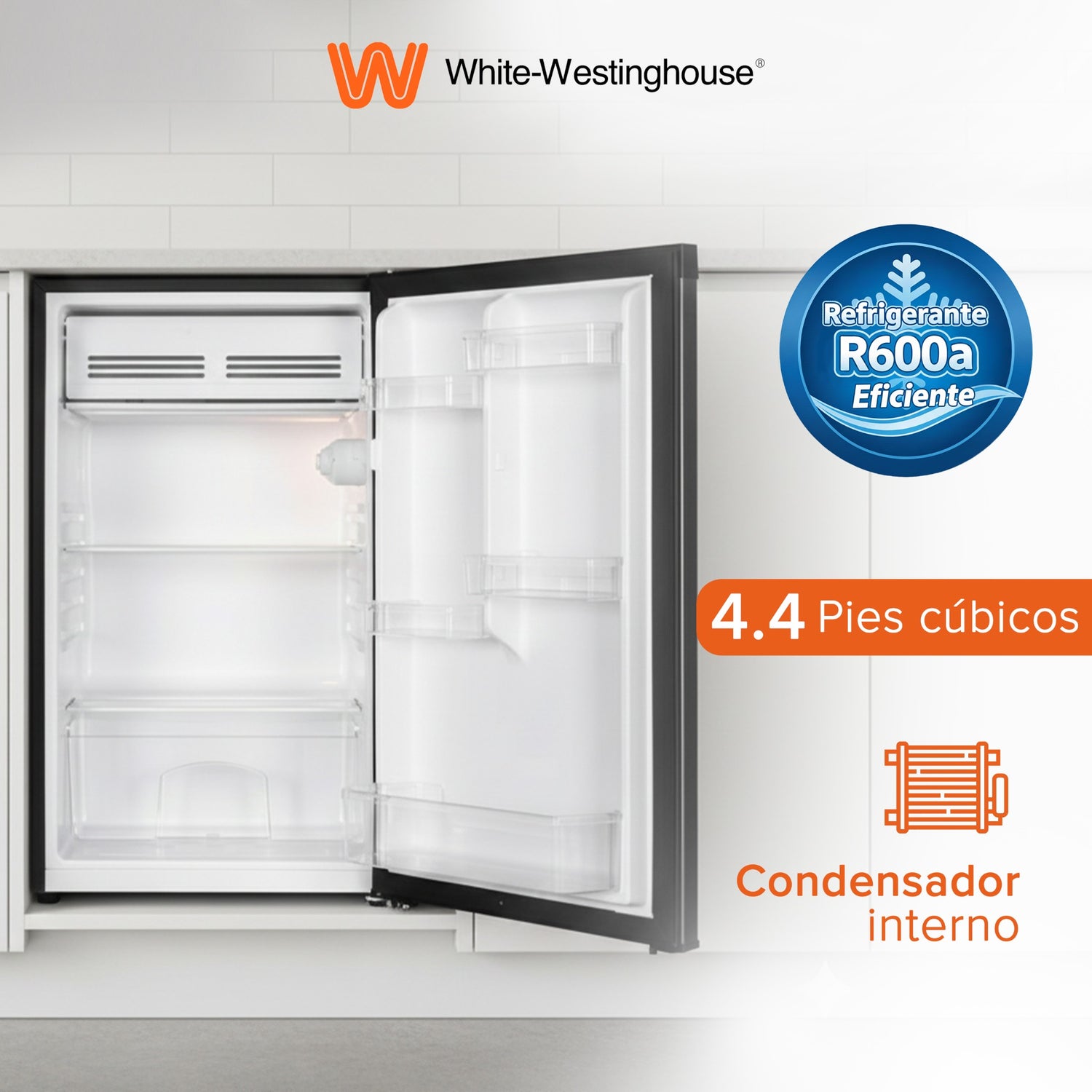 White Westinghouse Refrigerador Frigobar 4.4 pies 124L Modelo WWCR44124LHS Control mecánico de temperatura puerta reversible y luz interior condensador interno pata ajustable