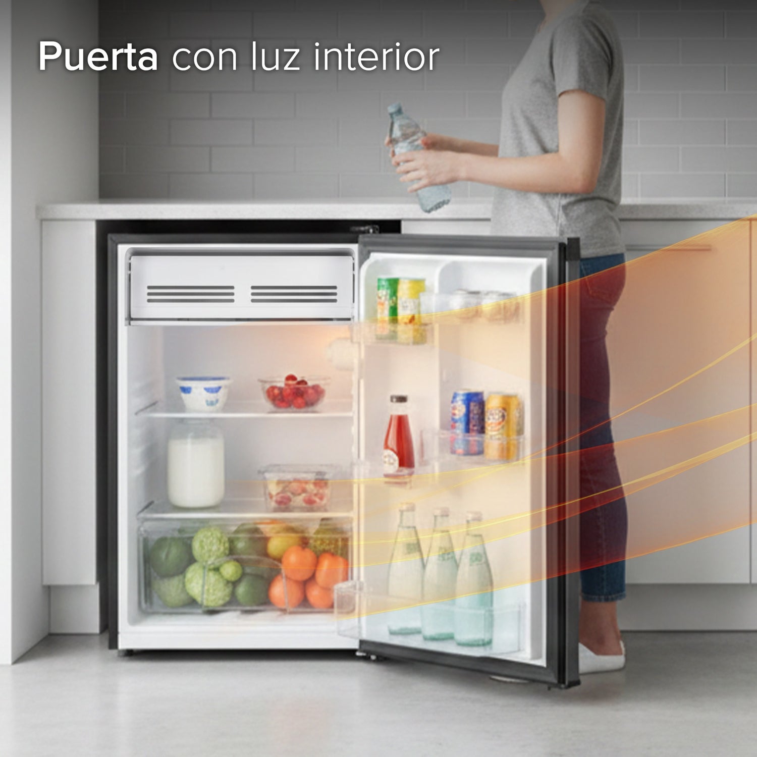 White Westinghouse Refrigerador Frigobar 4.4 pies 124L Modelo WWCR44124LHS Control mecánico de temperatura puerta reversible y luz interior condensador interno pata ajustable
