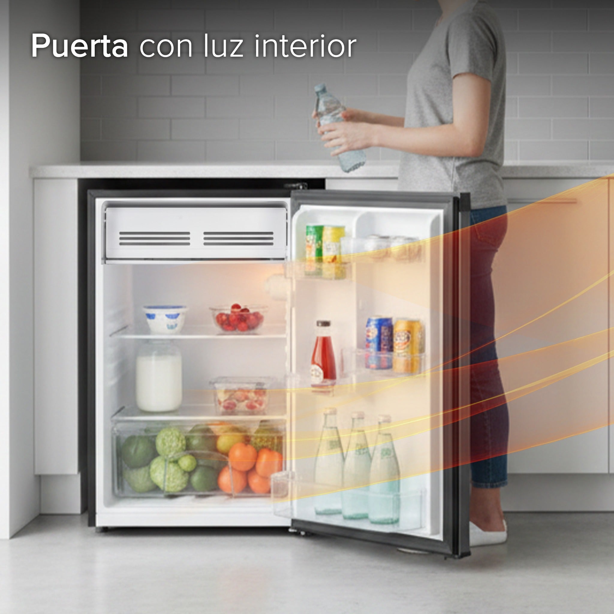 White Westinghouse Refrigerador Frigobar 4.4 pies 124L Modelo WWCR44124LHS Control mecánico de temperatura puerta reversible y luz interior condensador interno pata ajustable