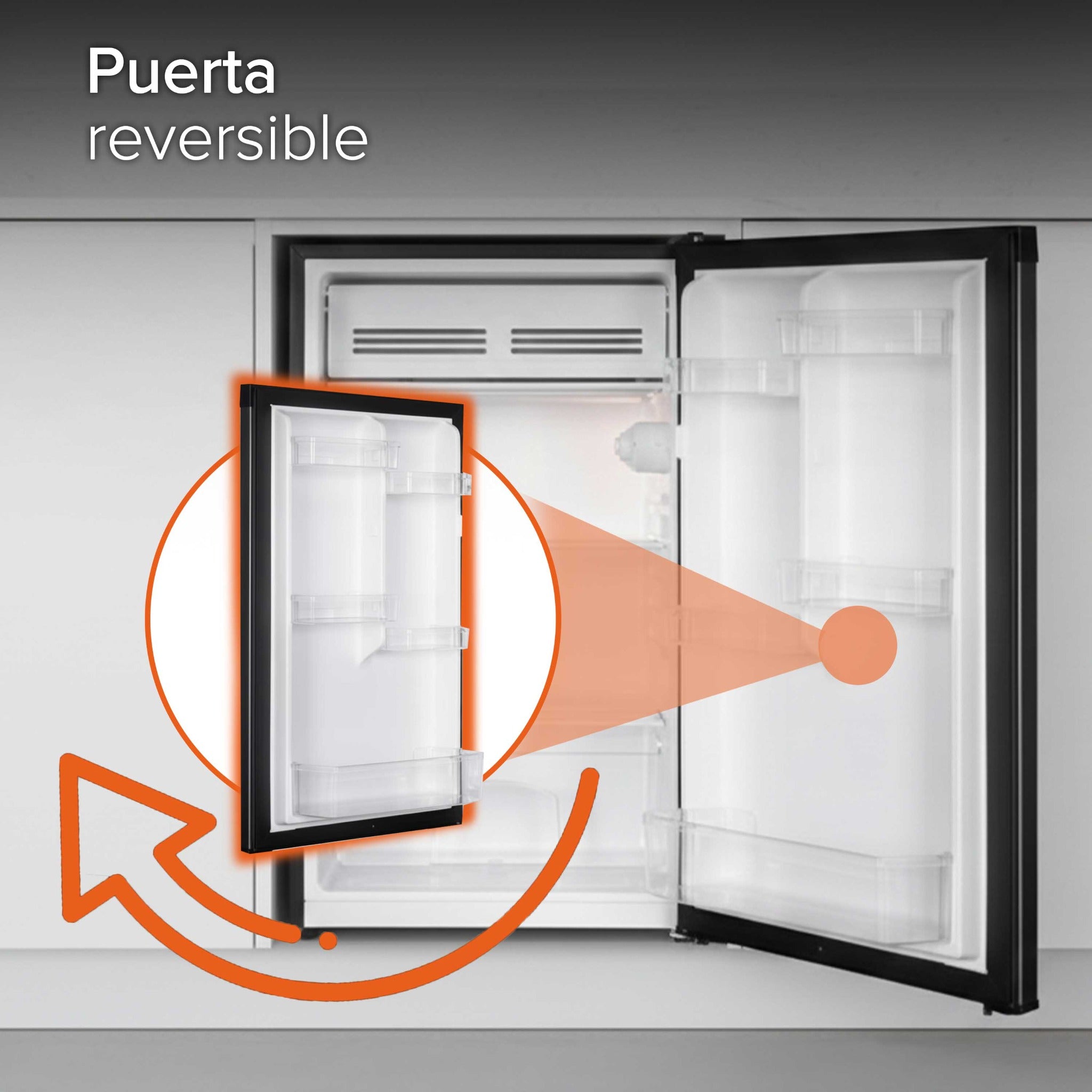 White Westinghouse Refrigerador Frigobar 4.4 pies 124L Modelo WWCR44124LHS Control mecánico de temperatura puerta reversible y luz interior condensador interno pata ajustable