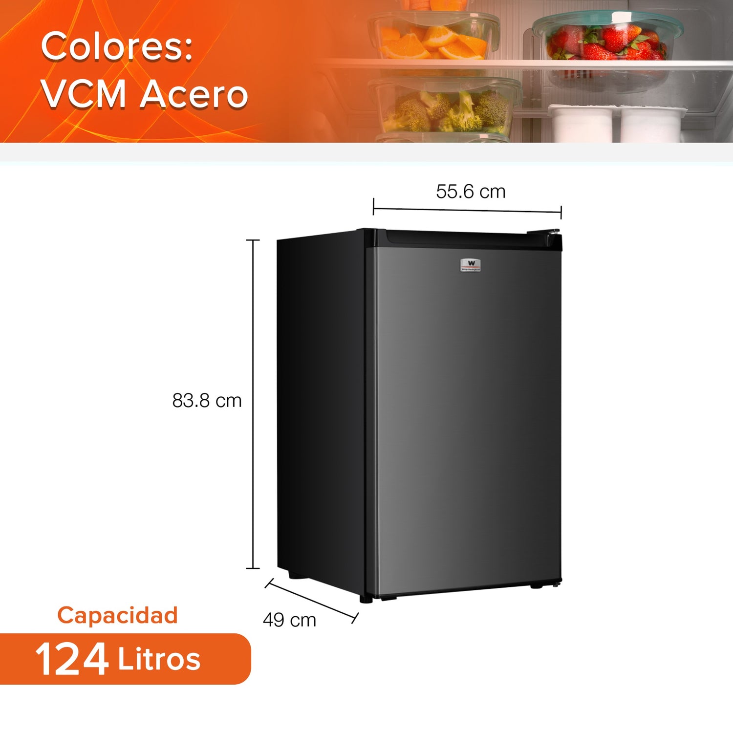 White Westinghouse Refrigerador Frigobar 4.4 pies 124L Modelo WWCR44124LHS Control mecánico de temperatura puerta reversible y luz interior condensador interno pata ajustable