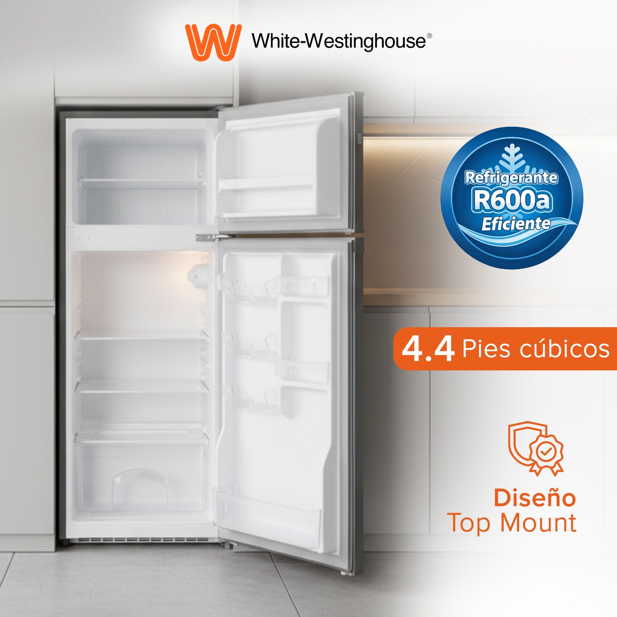 White Westinghouse Refrigerador Frigobar 4.4 pies 125L Modelo WWCR44125LHS Top Mount control mecánico de temperatura puerta reversible y luz interior condensador interno pata ajustable