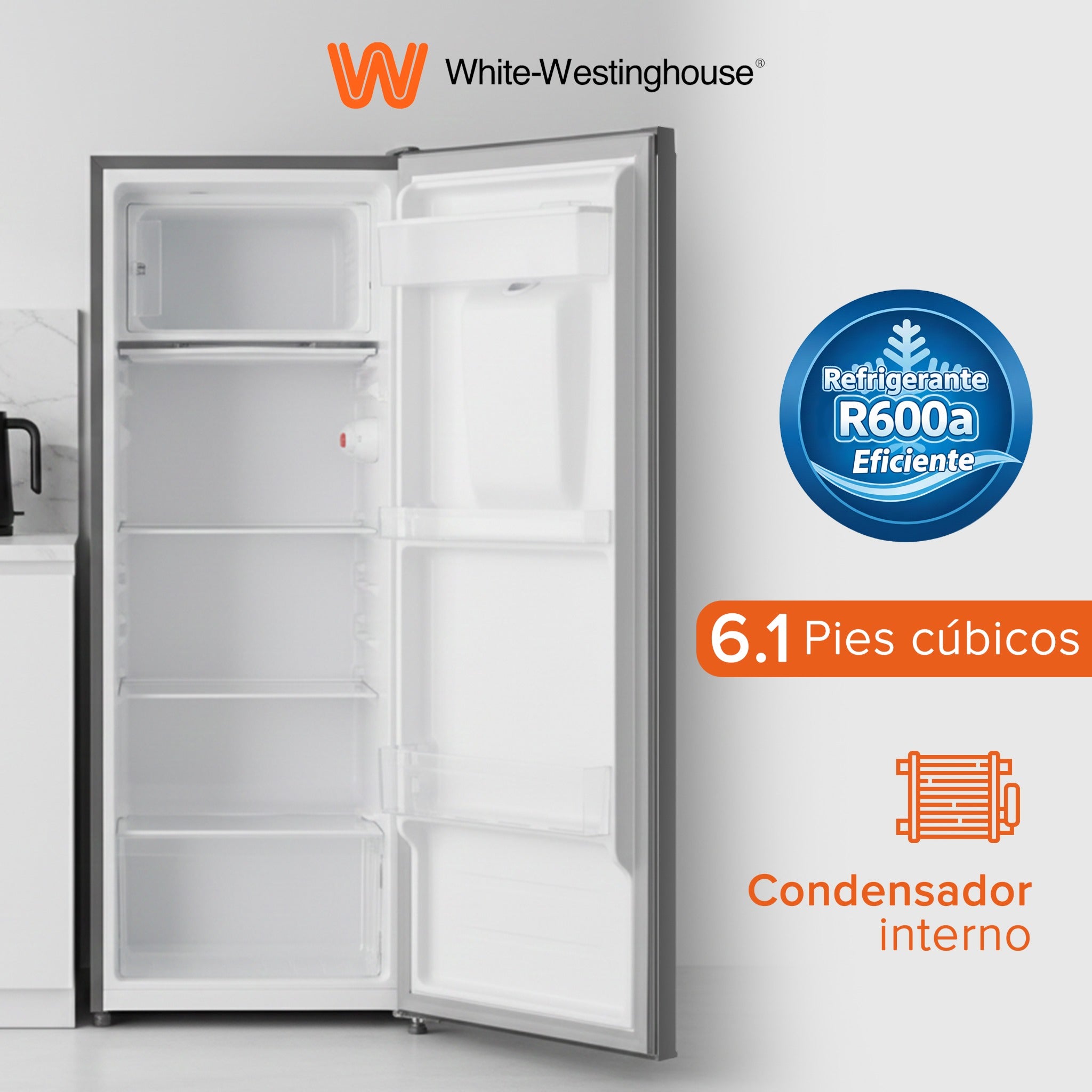 White Westinghouse Refrigerador Frigobar 6.1 pies 170L Modelo WWCR07170LHSWD Congelador interno Defrost despachador de agua control mecánico parrillas de vidrio templado