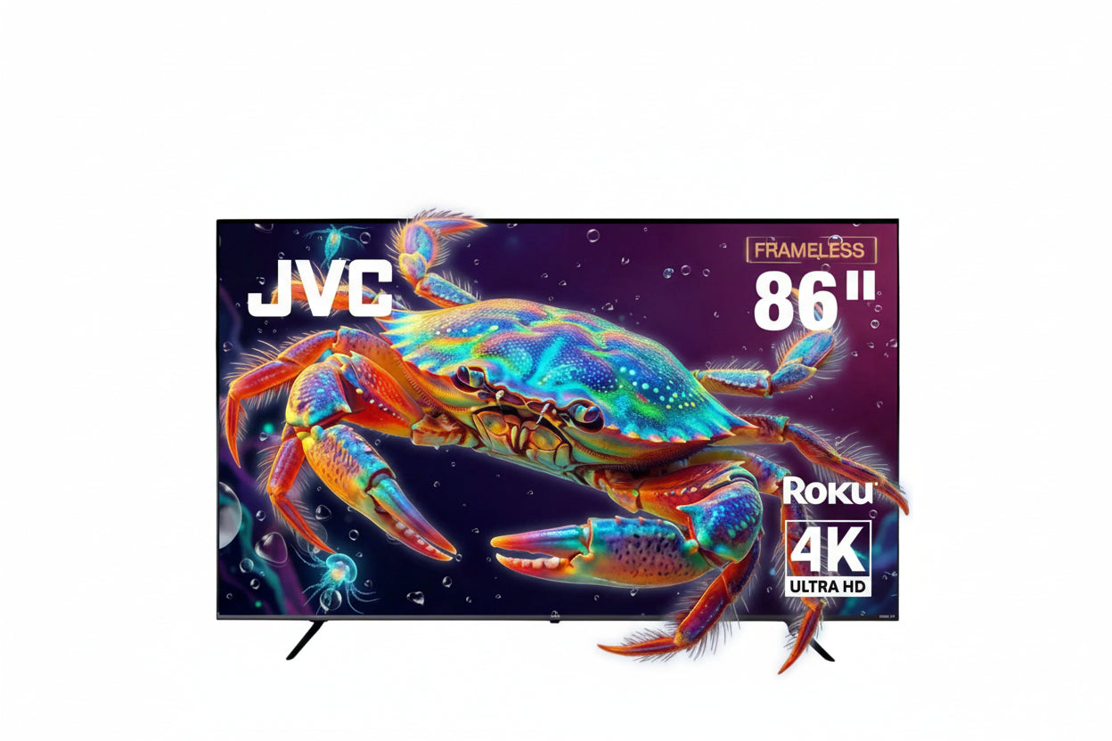 JVC Pantalla Smart TV 86 pulgadas 4K UHD LED Frameless Roku TV WiFi 4 HDMI 2 USB AV Netflix YouTube Prime Video Modelo SI86URF